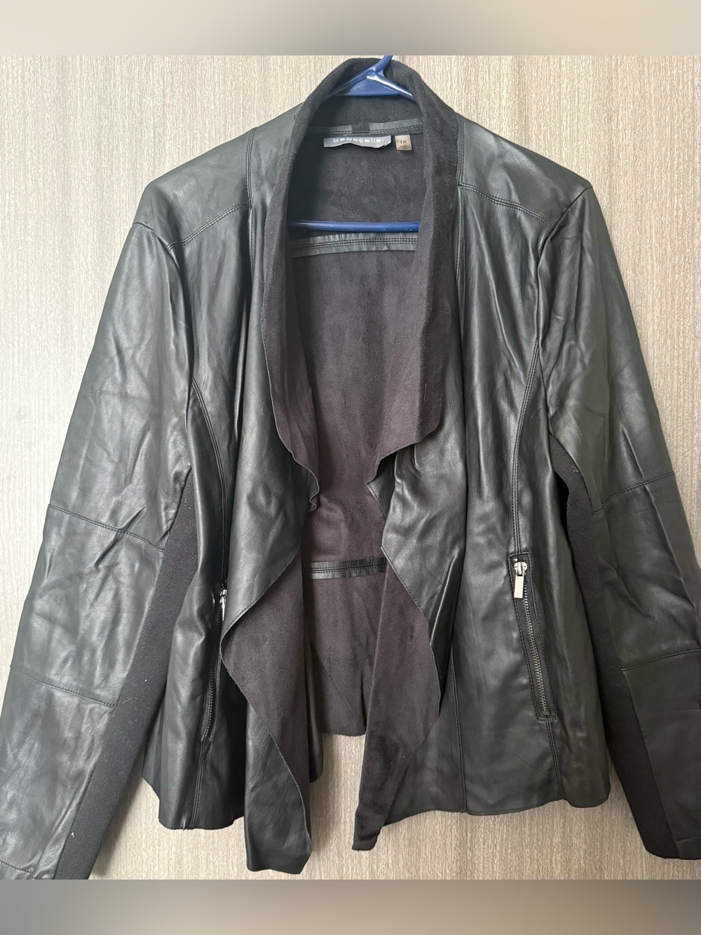 Faux Leather Draped Open-Front Jacket with Zip Pockets